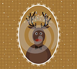Illustration of Christmas deer with garland on horns in patterned frame