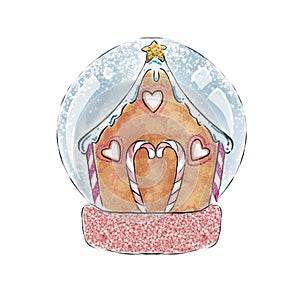 Illustration of Christmas Gingerbread House in a snow globe