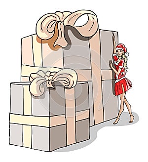 Illustration of a christmas girl with an enormous present