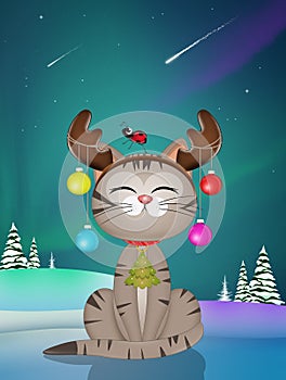 illustration of Christmas kitten with reindeer horns