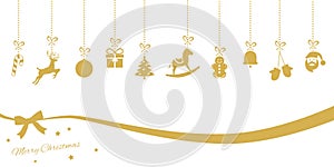 Illustration of Christmas ornaments hanging with a Merry Christmas` text on a white background`