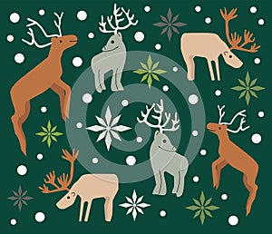 Illustration of Christmas pattern background with reindeers  and  snow flakes