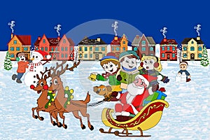 Illustration of a christmas picture at night with a row of houses, children singing songs and building a snowman and santaclaus