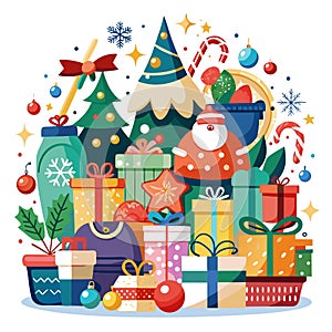 Illustration of a Christmas shopping extravaganza with a variety of holiday-themed items. photo