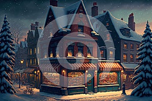 Illustration of Christmas village. Cute European Houses. Market street. Generative AI