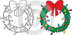 Before and after illustration of a Christmas wreath, color and black and white, perfect for children`s coloring book