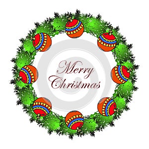 illustration, Christmas wreath of fir branches, decorated with colorful red balls, lettering