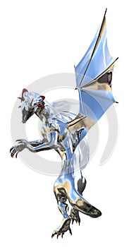 Illustration of a chrome dragon with head looking backward with an open mouth snarling isolated on a white background