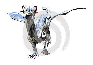 Illustration of a chrome dragon with an open mouth filled with red teeth looking forward isolated on a white background