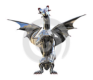 Illustration of a chrome dragon with an open mouth standing upright looking forward with one claw up isolated on a white