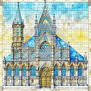 Illustration of a church in the style of watercolor painting.