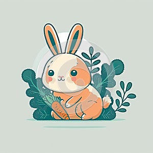 Illustration of a cIllustration of a cute bunny holding a carrot on a colored background. Generative AI