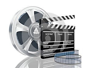 Illustration of cinema clap and film reel, over