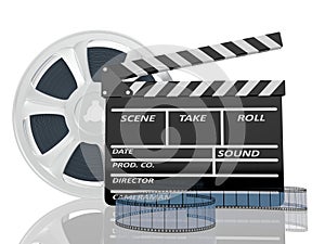 Illustration of cinema clap and film reel, over