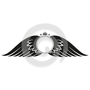 Illustration of a circle logo with wings and crown