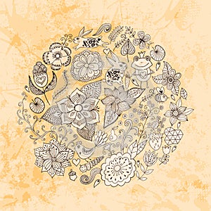 illustration of circle made of flowers and birds. Round shape m