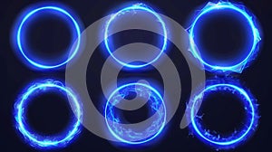 An illustration of circular neon borders glowing with haze and shimmering particles, magic power effect, space portal