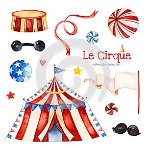 Illustration with circus tent,candy,balls,garland,moustaches,ribbon,flag banner