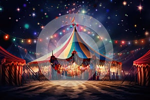 Illustration of a circus tent with lights and stars in the background, Colorful multi colored circus tent background and twinkling