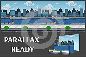 Illustration of a city landscape ,with buildings and river, vector unending background with separated layers. photo