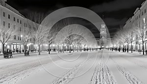 Illustration of the city landscape at night in winter. Generative AI