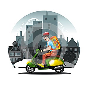 Illustration of a city landscape with a scooter in the foreground.