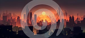 Illustration of city silhouette, lot of high rise building night and full moon background orange sky artistic