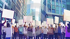 Illustration of a city street protest with tall buildings. People hold placards, expressing their positions and demands photo