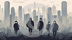 Illustration of a cityscape engulfed in smog with people wearing masks and struggling to breathe amidst the polluted atmosphere