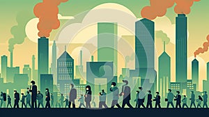 Illustration of a cityscape engulfed in smog with people wearing masks and struggling to breathe amidst the polluted atmosphere