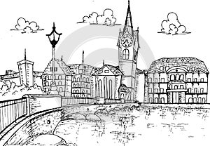 Illustration Cityscape of Zurich, Switzerland hand drawn