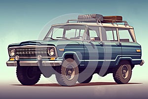 Illustration of a Classic Off Road Box Shape Blue SUV, Sport Utility Vehicle, Generative AI