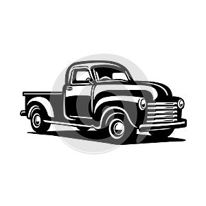 Illustration of classic retro style pickup truck. Isolated on white. Monochrome illustration