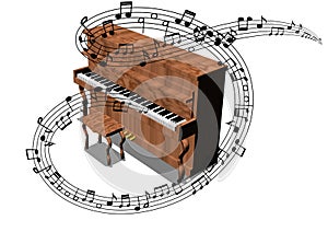 Illustration of classical piano with music notes flowing arround