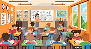 Classroom Scene Teacher and Students Learning Math, Education