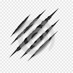 Illustration of Claws scratches isolated on transparent white background. Creative paper craft and cut style.Scary laceration photo