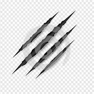 Illustration of Claws scratches isolated on transparent white background. Creative paper craft and cut style.Scary laceration