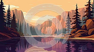Illustration Of Cliff Scene With Mountains And Lake