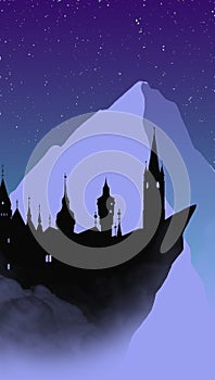 Illustration of a cliffside city with night view behind the mountain abstract background for application