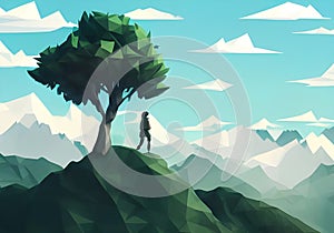 Illustration of a Climber Against a Breathtaking Mountain Landscape With a Large Tree