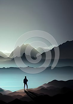 Illustration of a Climber Against a Breathtaking Mountain Landscape at Sunset