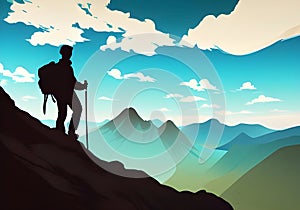 Illustration of a climber amidst a stunning mountain landscape