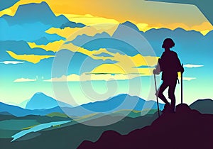 Illustration of a climber amidst a stunning sunset mountain landscape
