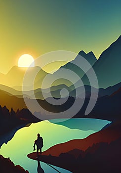 An Illustration of a Climber in a Stunning Mountain Landscape At Sunset