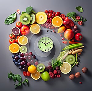 Illustration of clock with fresh fruits and vegetables on dark background. Healthy food concept, balanced diet, intermittent