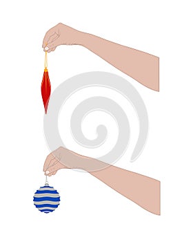Illustration of close up hands holding Christmas ball ornaments