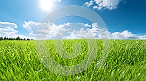 Illustration close up of a lush green grass lawn field against a blue summer’s sky.