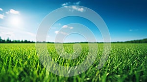 Illustration close up of a lush green grass lawn field against a blue summer’s sky.