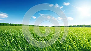 Illustration close up of a lush green grass lawn field against a blue summer’s sky.