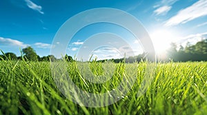 Illustration close up of a lush green grass lawn field against a blue summer’s sky.